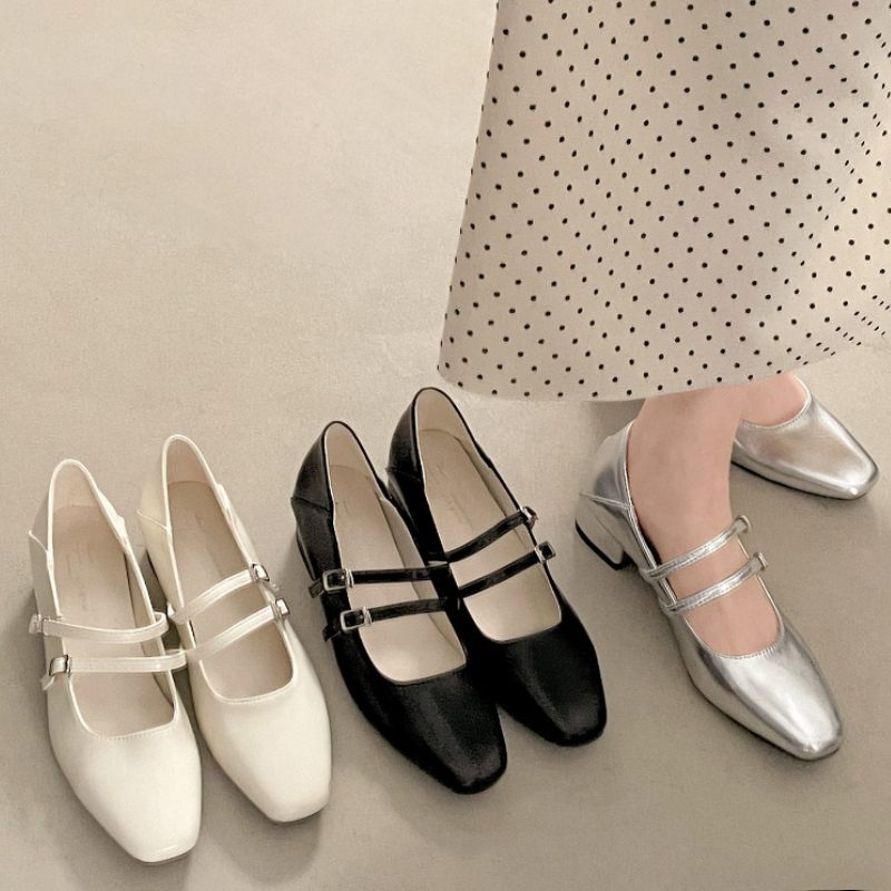 Women Shoes Elegant - Square Toe Low Heel Women Silvery