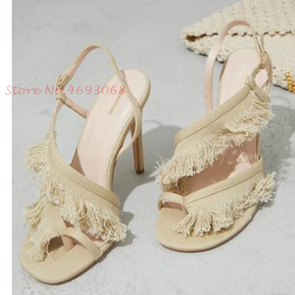Beige Fringes Cloth Sandals Fo - Wide Fit Heels avis et prix