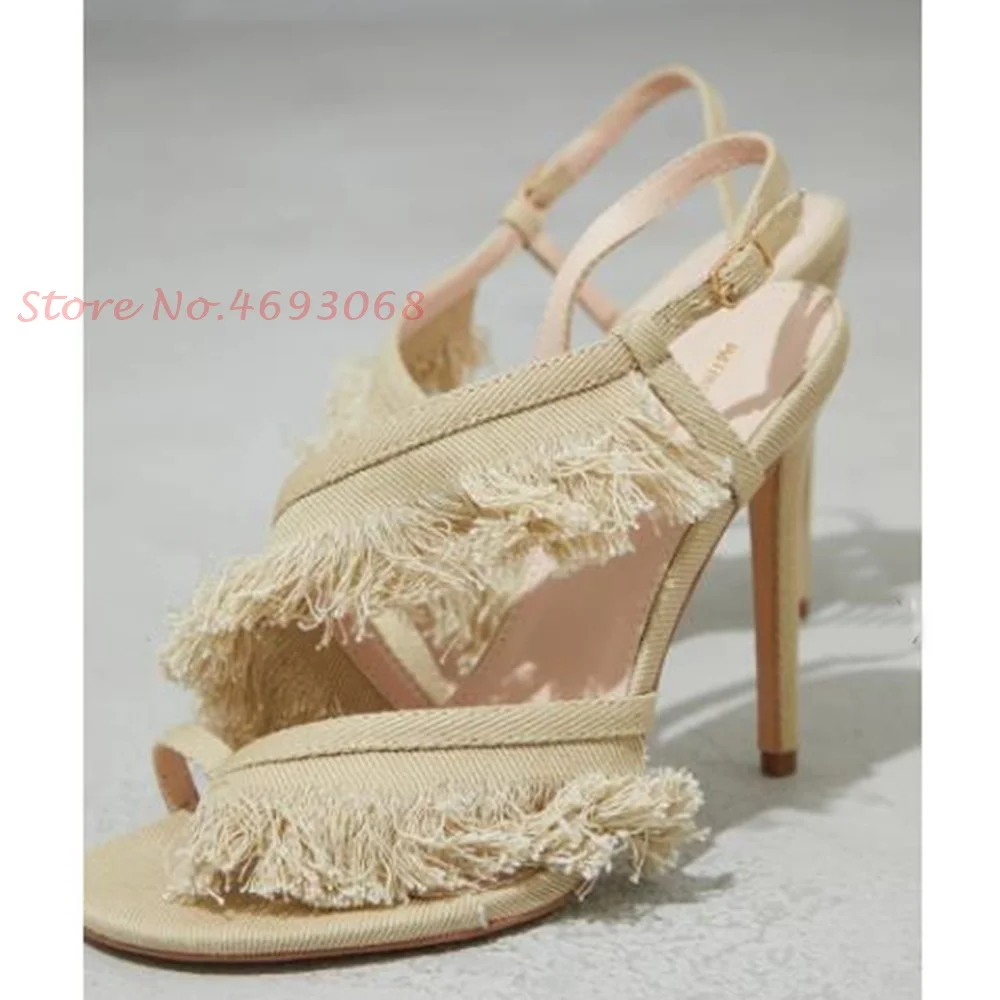 Beige Fringes Cloth Sandals Fo - Wide Fit Heels avis et prix